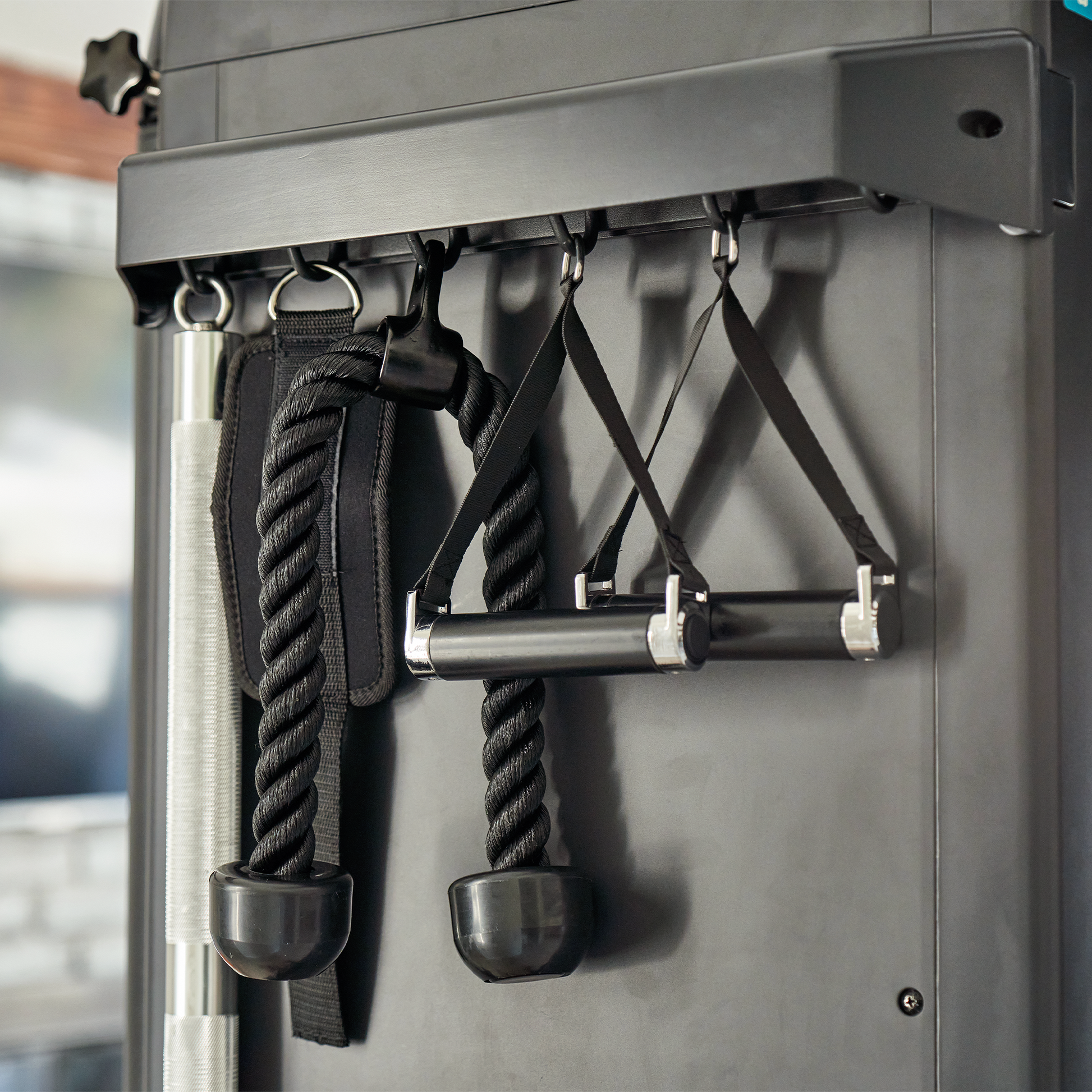 Echelon Strength Pro cable resistance machine close up of attachments and organization