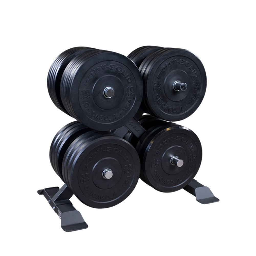 Weight tree for weight plates from Body Solid, showing weights on it