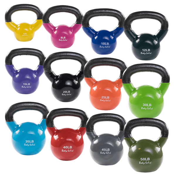 Vinyl dipped Kettlebells from Body Solid in multiple colors and sizes