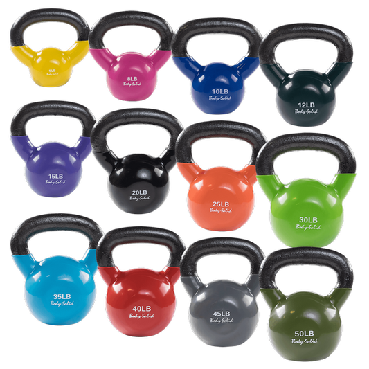 Vinyl dipped Kettlebells from Body Solid in multiple colors and sizes