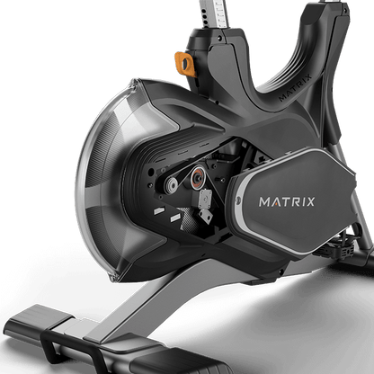 Close up of flywheel and pedals for the Matrix Fitness CXV Virtual Bike