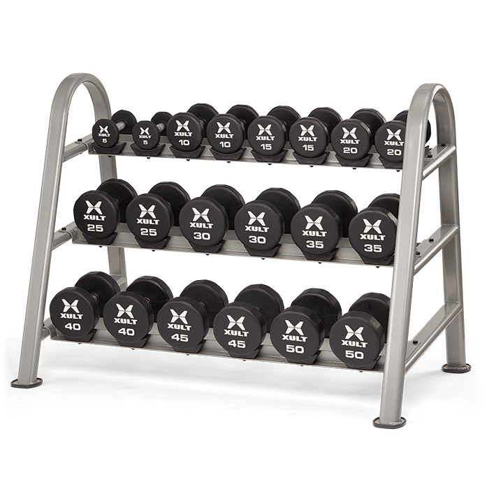 Matrix XULT 3-Tier Dumbbell Saddle Rack - 10 pair with weights on it