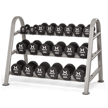 Matrix XULT 3-Tier Dumbbell Saddle Rack - 10 pair with weights on it