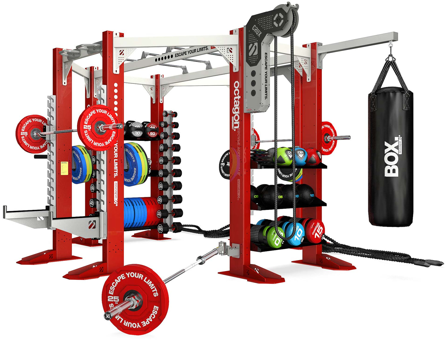 Red functional frame for commercial gyms from Escape Fitness with functional accessories.