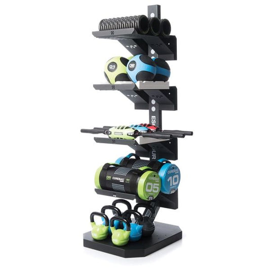 Escape Fitness Rack5 Accessory Rack shown with accessories on it